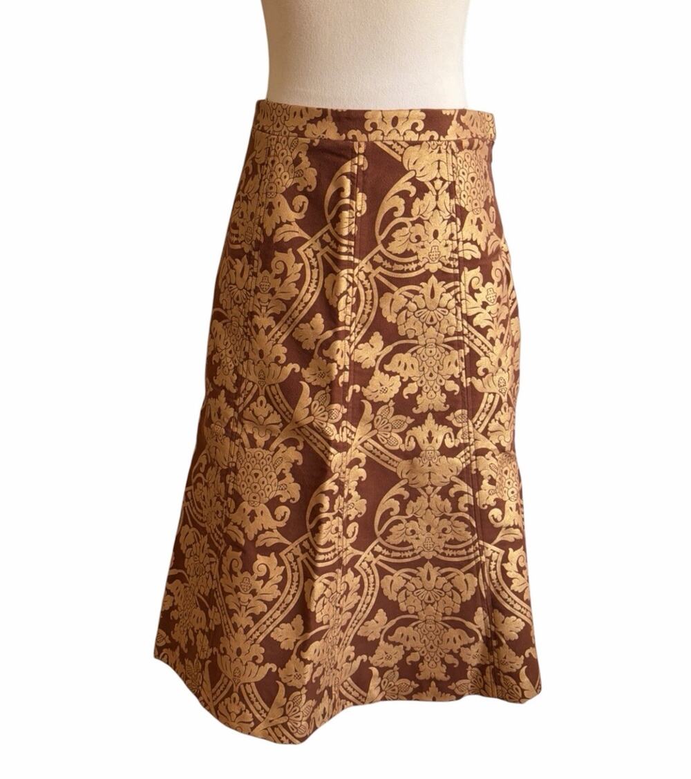 Yoana Baraschi Midi Skirt 2 Brown Gold Damask Brocade Jacquard A Line Holiday
